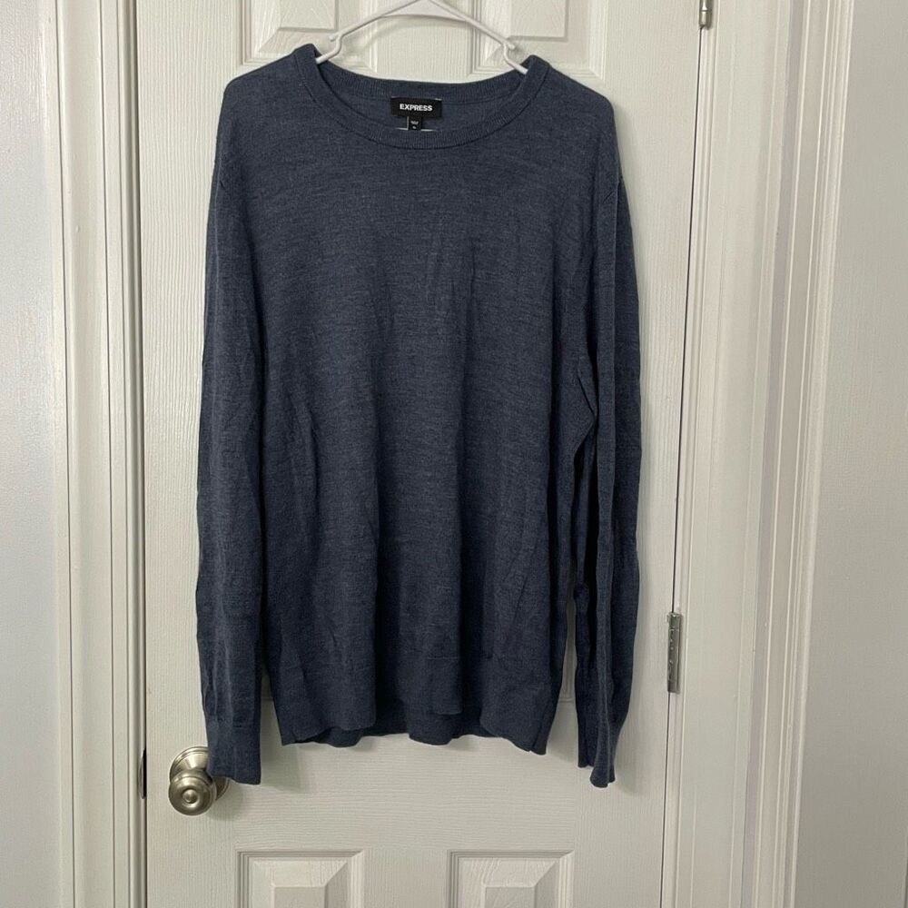 Express Men’s Wool Blend Sweater XL Blue Crew Neck Lightweight Knit